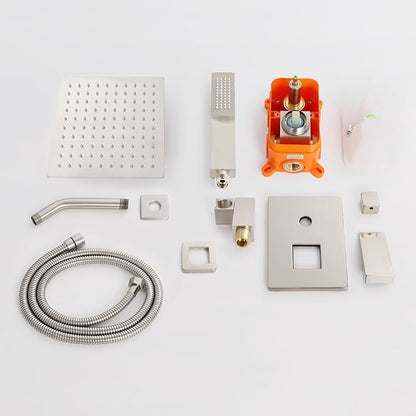 Shower System Brushed Nickel Bathroom Rainfall Shower Faucet Set Complete Wall Mounted 8 Inch Shower Head and Handle Set with Rough-in Valve Body and Trim Kit