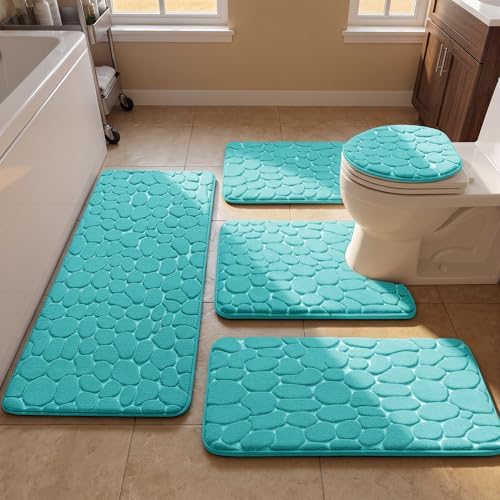 YIHOUSE Bathroom Rugs Mat Set, Memory Foam Bath Mat 5 Piece Teal