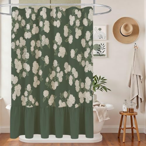 ORTIGIA Linen Textured Ruffle Shower Curtain with Metal Hooks, Vintage Dark Green Hydrangea Floral Boho Waterproof Bath Curtain for Rustic Farmhouse Bathroom Decor 72x72 Inch