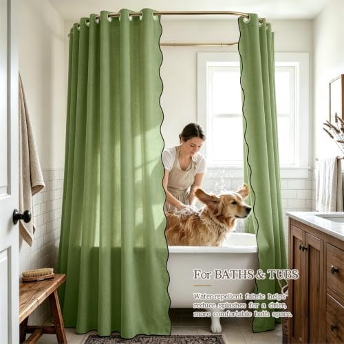 Furlinic Scalloped Linen Shower Curtain No Hook Sage Green Extra Long 72x84