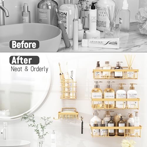 Liuoud 10 Pack Shower Caddy for Inside shower, Brite Gold Bathroom Storage