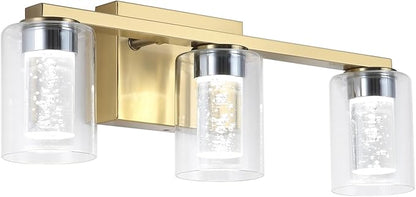3-Light Bathroom Light Fixtures, Brushed Gold Dimmable Vanity Light with Clear Glass Shade, Crystal LED Bathroom Lights Over Mirror for Bedroom, Living Room, Hallway, Farmhouse