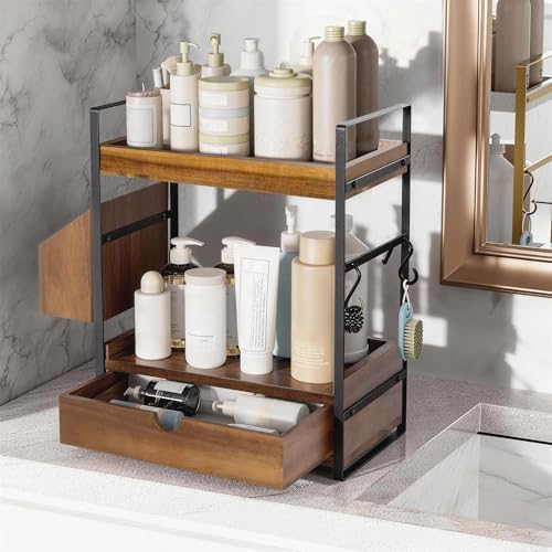2-Tier Bathroom Counter Organizer, Acacia Wood Vanity Shelf with Drawer