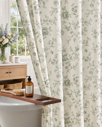 jinchan Linen Shower Curtain for Bathroom with 12 Hooks, Green, 70x72