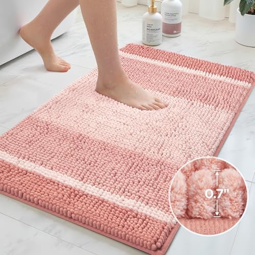 HOMEIDEAS Pink Bathroom Rugs Set of 2, Striped Chenille, 20"x32"+17"x24"