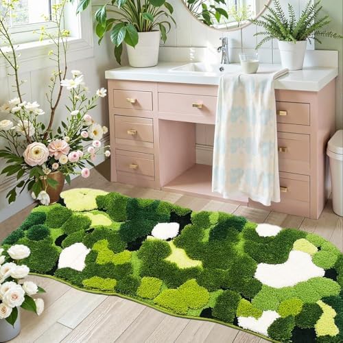 Hifuwan Cute Green Moss Bathroom Runner Rugs 24x60, Plant Leaves Bath Mats