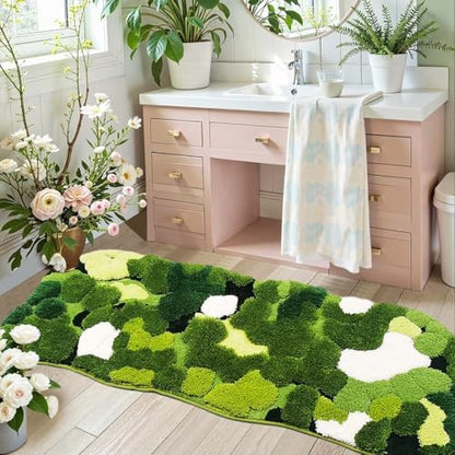 Hifuwan Cute Green Moss Bathroom Runner Rugs 24x60, Plant Leaves Bath Mats