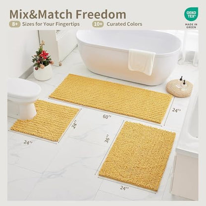 Bathroom Rugs Non Slip Washable 55x24, Extra Thick Soft Chenille Absorbent Bath Mat, High Density Barrier Non Slip Backing, Quick Dry Plush Shaggy Floor Carpet for Tub&Shower, Yellow