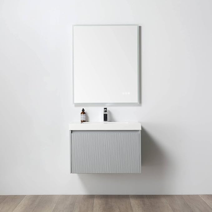 Blossom 30 Inch Bathroom Vanity with Sink | All Wood Wall Mounted Floating Vanity Cabinet with Acrylic Sink | Soft-Close Drawer | Modern Minimalist Style Vanities (30" w/Acrylic Basin, Light Grey)