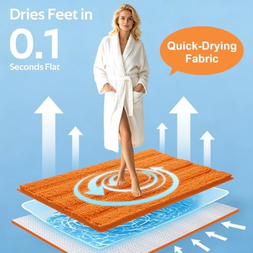 ACCUMTEK Striped Orange Bathroom Rug Set 3 Pieces Ultra Soft, Non Slip Chenille Toilet Mat, Absorbent Plush Shaggy Bath Mats for Bathroom, Bedroom, Kitchen