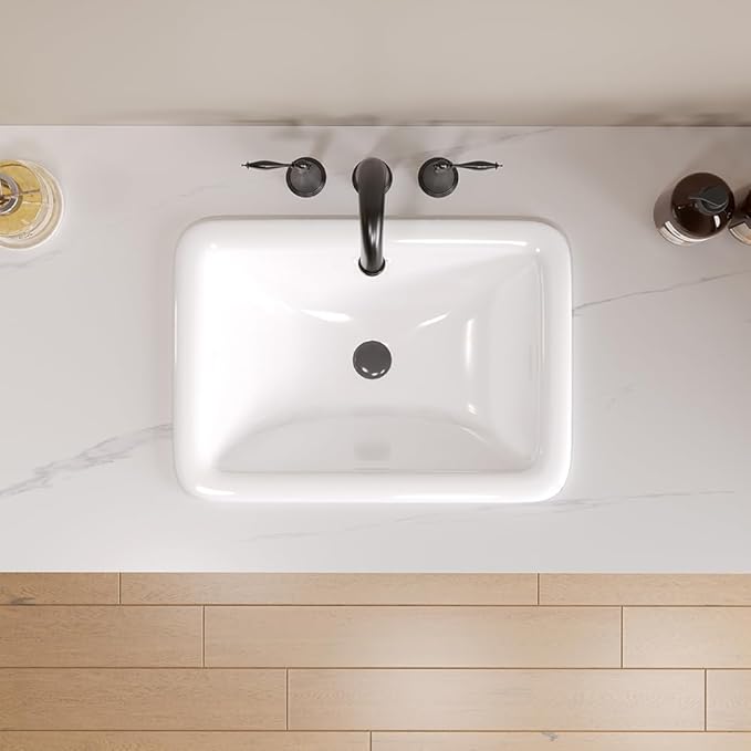 Bathroom Vessel Sink 18" x 14" Semi Recessed Sink White Drop in ceramic Sink with Overflow Modern Sinks Bowl Vanity Above Counter Basin