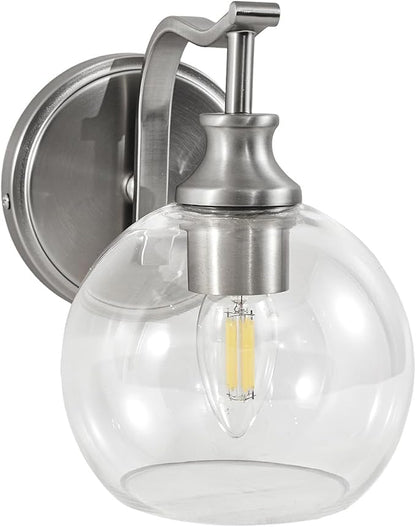 Brushed Nickel Bathroom Light Fixtures, 1-Light Vanity Lights, Modern Bathroom Wall Sconces Lighting with Globe Clear Glass Shade Up or Down Wall Mounted for Kitchen, Living Room, Hallway