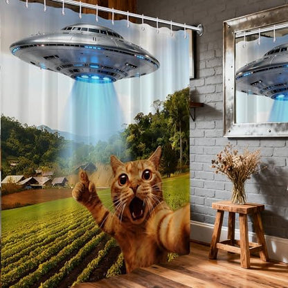 Funny Cat UFO Shower Curtain, 70x72 Inch