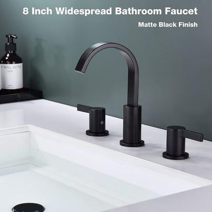 TRUSTMI 3 Hole Matte Black Bathroom Faucet 8 Inch Widespread, Brass Lavatory Vanity Sink Faucet with Overflow Pop-Up Drain and cUPC Waterlines, 360 Degree Swivel Spout