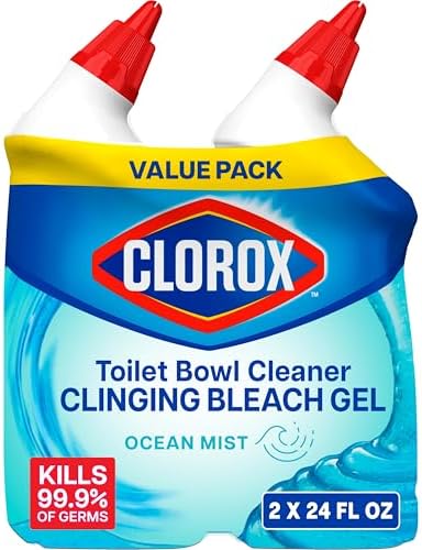 Clorox Toilet Bowl Cleaner Clinging Bleach Gel, Kills 99.9% of Bacteria and Viruses, Ocean Mist, 24 Fl Oz, Pack of 2