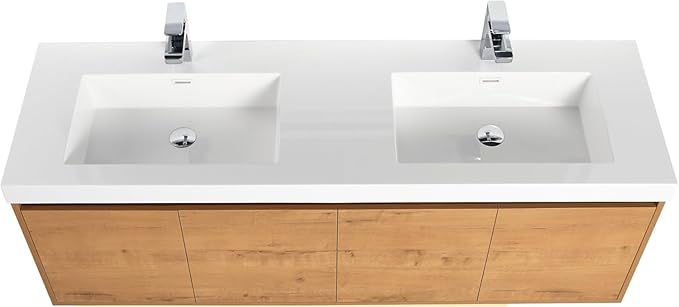Blossom 60 Inch Wall Mounted Bathroom Vanity with Sink | Floating Wood Vanity Cabinet | Modern Soft-Close Doors & Storage | Space-Saving Design (Classic Oak, 60'' Acrylic Double Sink)