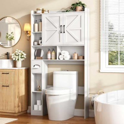 Vabches Over The Toilet Storage Cabinet with 2 Barn Doors, White