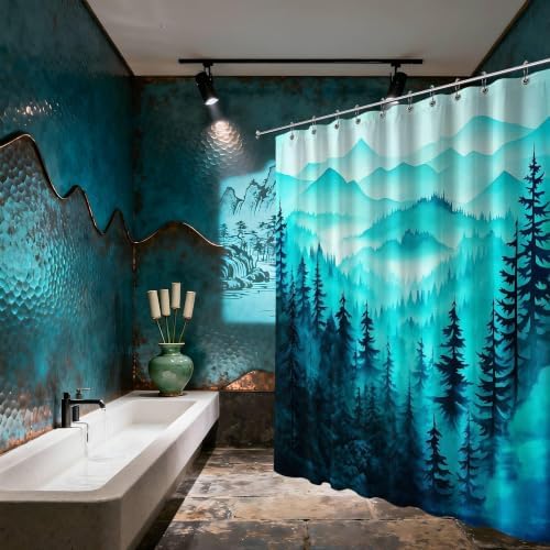 Dark Teal Forest Shower Curtain, 72x72 in, Mountain Rustic Pine Tree
