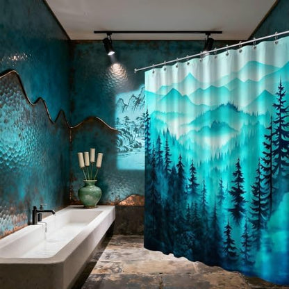 Dark Teal Forest Shower Curtain, 72x72 in, Mountain Rustic Pine Tree