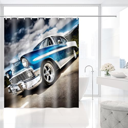 Classic Car Gloss Blue White Hot Rod Shower Curtain with Hooks 72 x 72 Inch