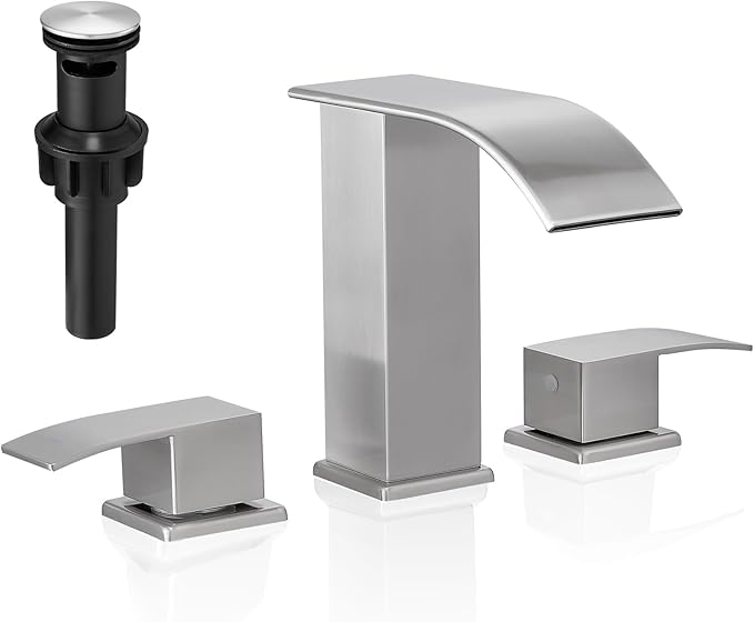Waterfall Bathroom Faucet, 3 Hole Widespread, Brushed Nickel, 8 Inch, 2-Handles, Pop-Up Drain, Modern, Bathroom Sink, Bathtub, Vanity, RV, Farmhouse Sink