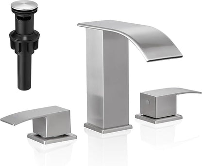 Waterfall Bathroom Faucet, 3 Hole Widespread, Brushed Nickel, 8 Inch, 2-Handles, Pop-Up Drain, Modern, Bathroom Sink, Bathtub, Vanity, RV, Farmhouse Sink