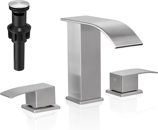 Waterfall Bathroom Faucet, 3 Hole Widespread, Brushed Nickel, 8 Inch, 2-Handles, Pop-Up Drain, Modern, Bathroom Sink, Bathtub, Vanity, RV, Farmhouse Sink