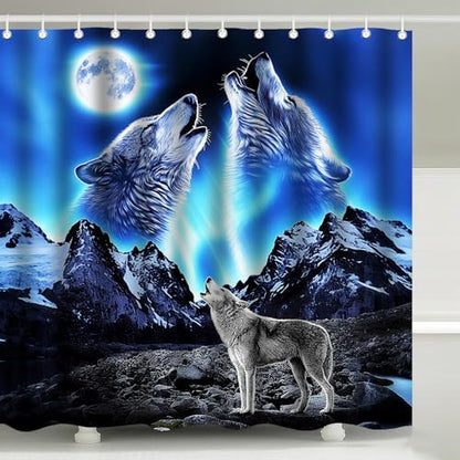 Howling Wolf Full Moon Blue Nature Shower Curtain with Hooks 72 x 72 Inches