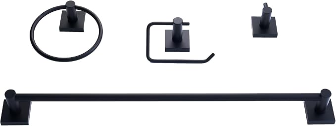 SENTO VINTO Bathroom Accessories Set, Heavy Duty Metal Bath Hardware Set Wall Mounted, Includes Robe Hook, Standard Toilet Paper Holder, Towel Ring, 24” Towel Bar (4-Piece, Matte Black)
