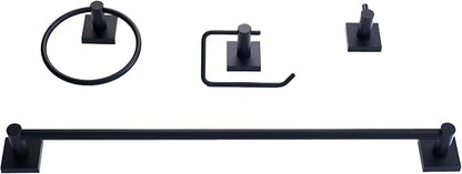 SENTO VINTO Bathroom Accessories Set, Heavy Duty Metal Bath Hardware Set Wall Mounted, Includes Robe Hook, Standard Toilet Paper Holder, Towel Ring, 24” Towel Bar (4-Piece, Matte Black)