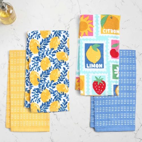 Ritz 4-Piece Kitchen Towel Set, Citron Vine & Summer Fruit Stamp Prints with Yellow & Blue Textured Terry, 100% Cotton & Absorbent Blend, 16" x 26", Vintage Mediterranean Fruit Kitchen Decor