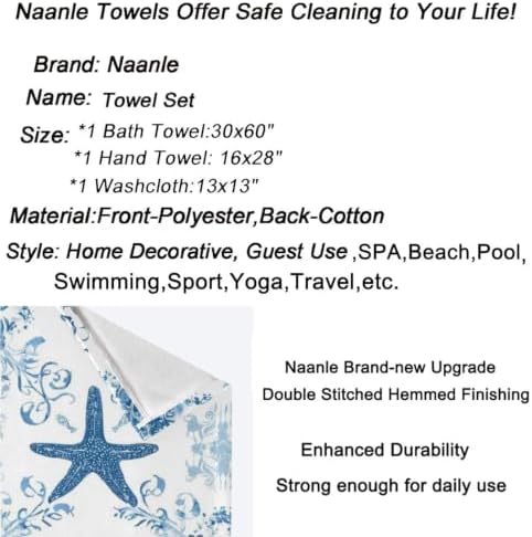 Naanle 3D Starfish and Seashells on Sand Beach Soft Decorative Set of 3 Towels, 1 Bath Towel+1 Hand Towel+1 Washcloth, Multipurpose for Bathroom, Hotel, Gym, Spa and Beach