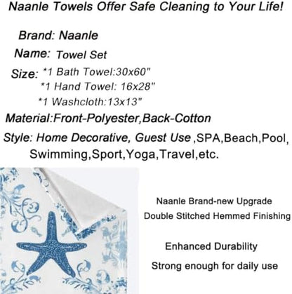 Naanle 3D Starfish and Seashells on Sand Beach Soft Decorative Set of 3 Towels, 1 Bath Towel+1 Hand Towel+1 Washcloth, Multipurpose for Bathroom, Hotel, Gym, Spa and Beach