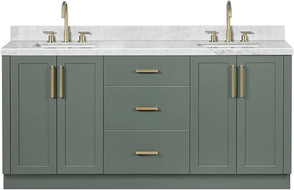 ARIEL Loren 72-inch Bathroom Vanity with Sink,Solid Wood, 1.5-inch Italian Carrara Marble Countertop, Double Rectangular Porcelain Sink, 4 Soft Closing Doors, 3 Dovetail Drawers, Vintage Green