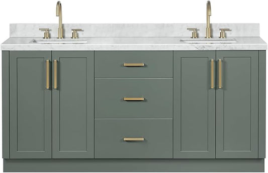 ARIEL Loren 72-inch Bathroom Vanity with Sink,Solid Wood, 1.5-inch Italian Carrara Marble Countertop, Double Rectangular Porcelain Sink, 4 Soft Closing Doors, 3 Dovetail Drawers, Vintage Green