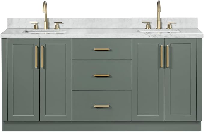 ARIEL Loren 72-inch Bathroom Vanity with Sink,Solid Wood, 1.5-inch Italian Carrara Marble Countertop, Double Rectangular Porcelain Sink, 4 Soft Closing Doors, 3 Dovetail Drawers, Vintage Green