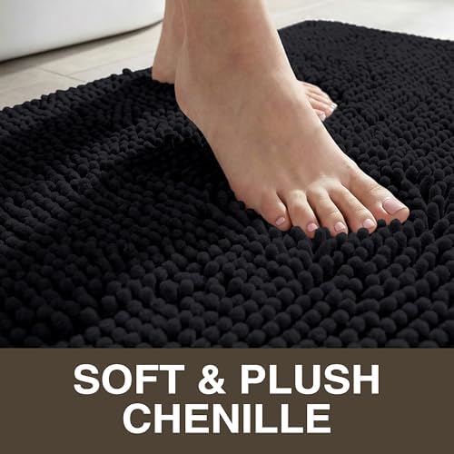 Neater Home Plush Bathroom Rugs 24x17 Thick Chenille Quick Dry Microfiber Absorbent Bath Mat, Soft Bath Rugs, Machine Washable Bathroom Floor Mat for Tub Shower Sink, Home Decor Accessories, Black