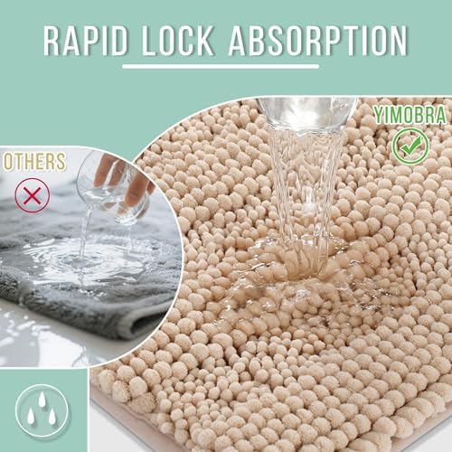 Yimobra Bathroom Rug Mat 47 x 24, Non Slip and Super Absorbent Bath Mat,Machine Washable Quick Dry,Ultra Plush Chenille Shower Rugs for Bathroom Floor Sink Tub and Shower Outside, Beige