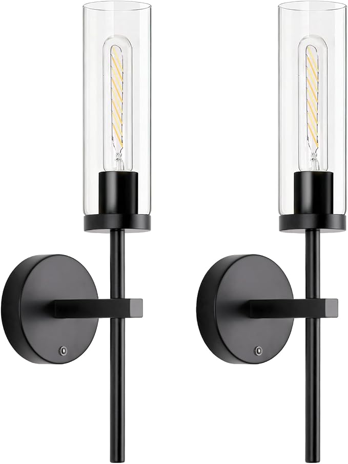 Shenmoyl Battery Operated Wall Sconces Set of 2, Black Rechargeable Wall Lighting Fixtures, Dimmable Wall Lights with Remote & Clear Glass Shade for Living Room, Bathroom,Bedroom