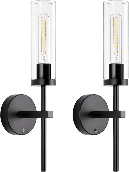Shenmoyl Battery Operated Wall Sconces Set of 2, Black Rechargeable Wall Lighting Fixtures, Dimmable Wall Lights with Remote & Clear Glass Shade for Living Room, Bathroom,Bedroom