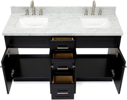 ARIEL Hamlet 60-inch Bathroom Vanity with Sink,Solid Wood, 1.5-inch Italian Carrara Marble Countertop, Double Rectangular Porcelain Sink, 4 Soft Closing Doors, 3 Dovetail Drawers, Black
