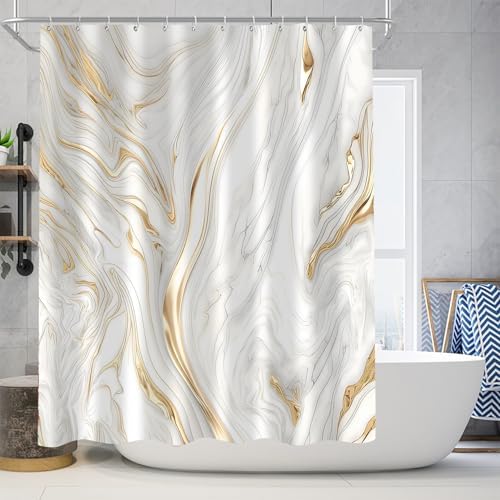Nkzply 4Pcs White and Gold Marble Shower Curtain Set Bathroom Set with Rugs