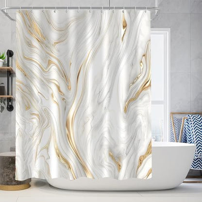 Nkzply 4Pcs White and Gold Marble Shower Curtain Set Bathroom Set with Rugs