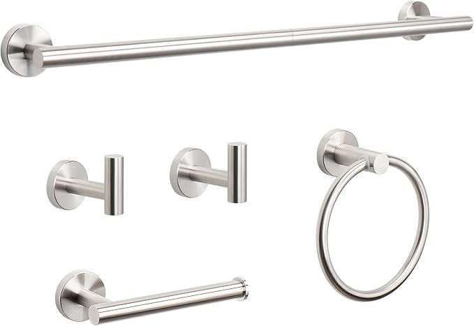 NearMoon 5 Pieces Bathroom Hardware Set SUS304 Thicken Stainless Steel-Towel Rack Kit Include 24" Towel Rod +Bath Towel Ring +Toilet Paper Holder +2 Robe Towel Hooks Bath Accessories (Nickel)
