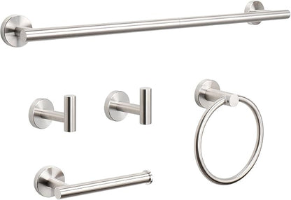NearMoon 5 Pieces Bathroom Hardware Set SUS304 Thicken Stainless Steel-Towel Rack Kit Include 24" Towel Rod +Bath Towel Ring +Toilet Paper Holder +2 Robe Towel Hooks Bath Accessories (Nickel)
