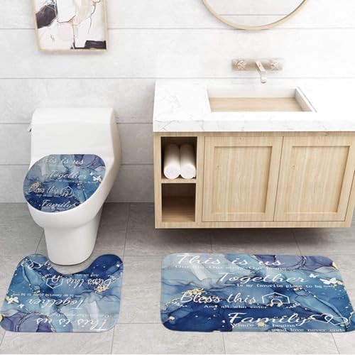 4Pcs Family Marble Shower Curtain Sets with Rugs