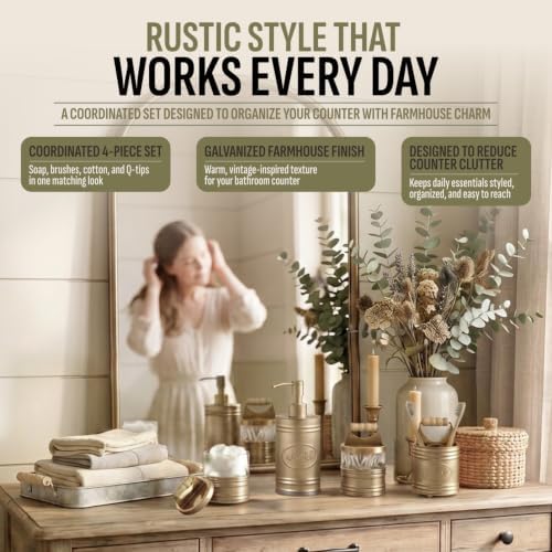 Autumn Alley Antique Gold Bathroom Accessories Set 4 - Farmhouse Soap Dispenser, Toothbrush Holder, 2 Apothecary Jars Qtip Holder - Gold Bathroom Decor – Rustic Farmhouse Bathroom Accessories