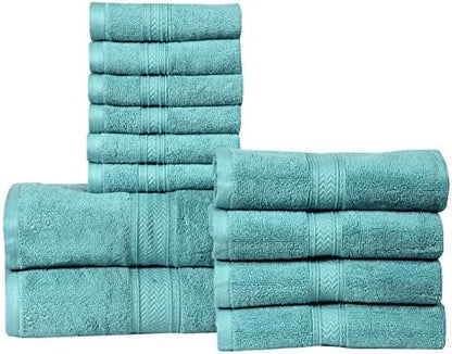 HILLFAIR Premium 100% Combed Cotton 12 Piece Bath Towels Set - Sea Green