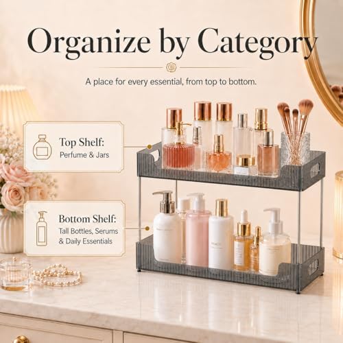 Goderewild 2 Tier Bathroom Counter Organizer, Multi-Purpose Cosmetics Skincare Shelf, Makeup Organizer for Vanity Tray, Countertop Storage Solution for Kitchen and Bath. (Smoky Gray)