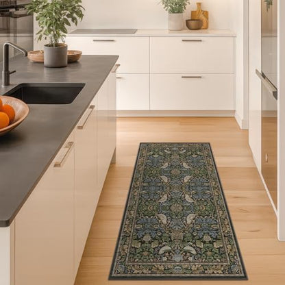 Floral Kitchen Runners - 2x5 Runner Rug for Hallway Bathroom Laundry Room Bedroom Beside Bed Entryway, Boho Birds Leaves Patterned Non Slip Low Pile Washable Rugs